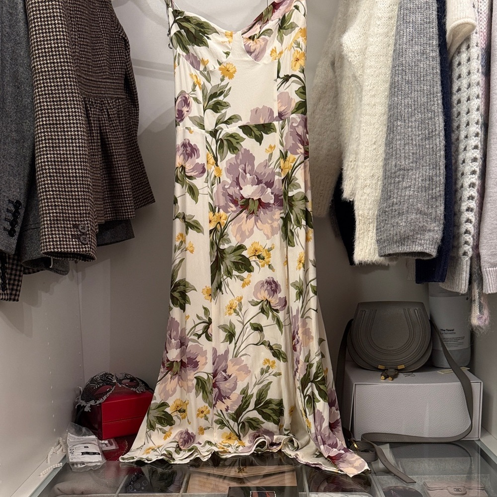 Reformation Juliette Cream and Purple Floral Maxi Dress